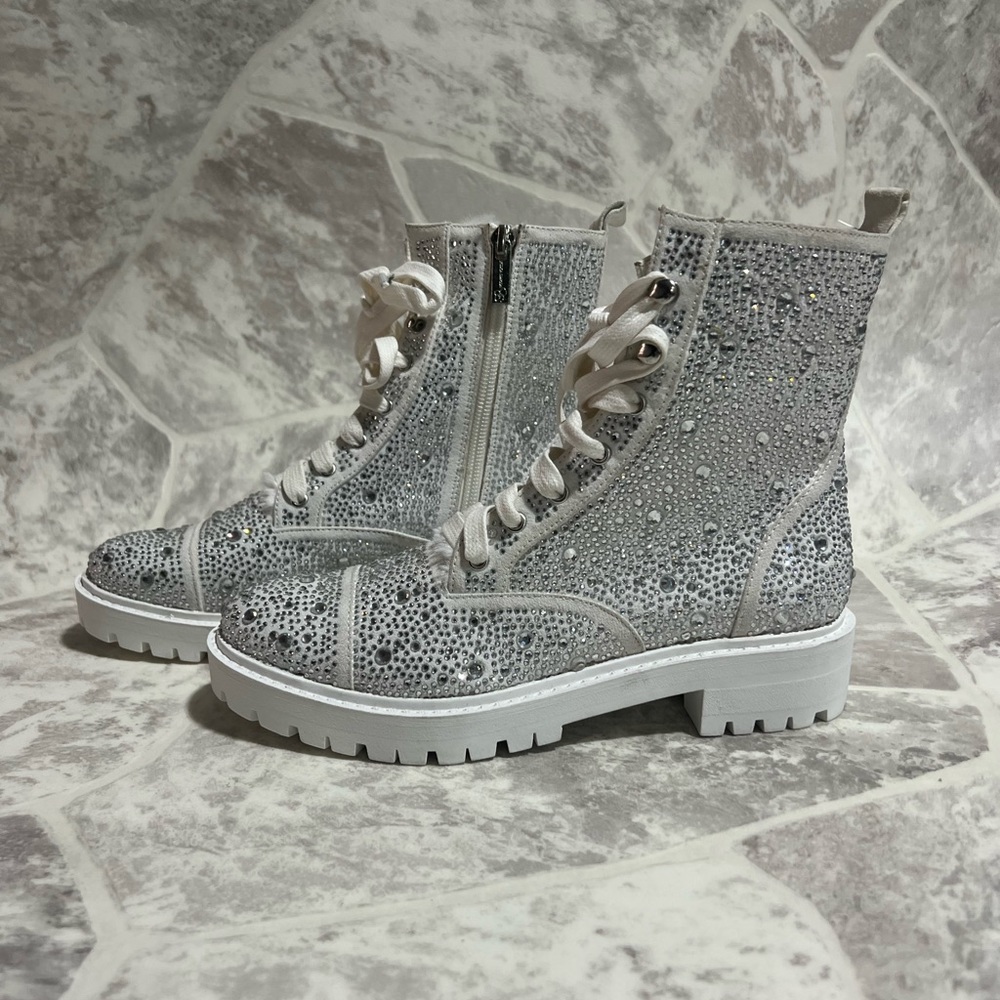 White Rhinestone Combat Boots
